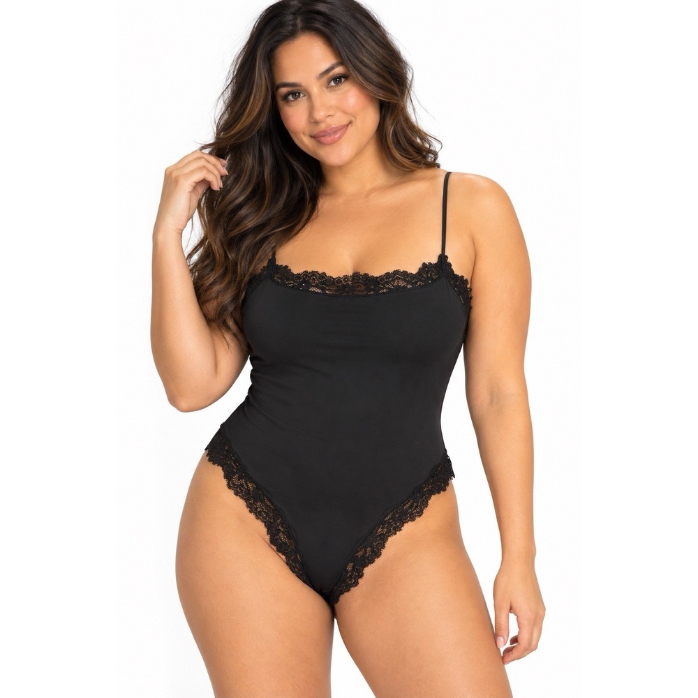 SKIMS Fits Everybody Lace Cami Thong Bodysuit Size Small Onyx Black NWT